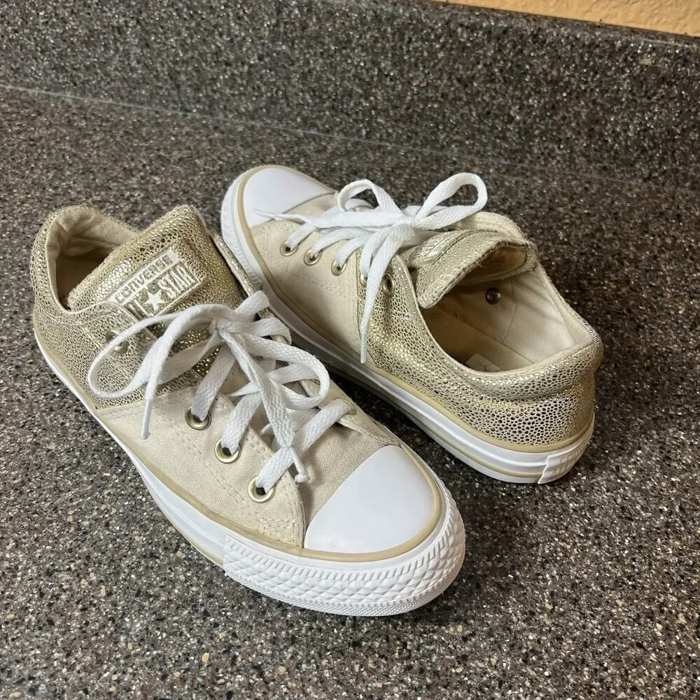 Converse All Star Low Top Women's Sz 6 Canvas/Leather Cream Gold Sneaker Lace Up